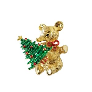 SFJ Signed Vintage Teddy Bear And Christmas Tree Trembler Brooch Goldtone